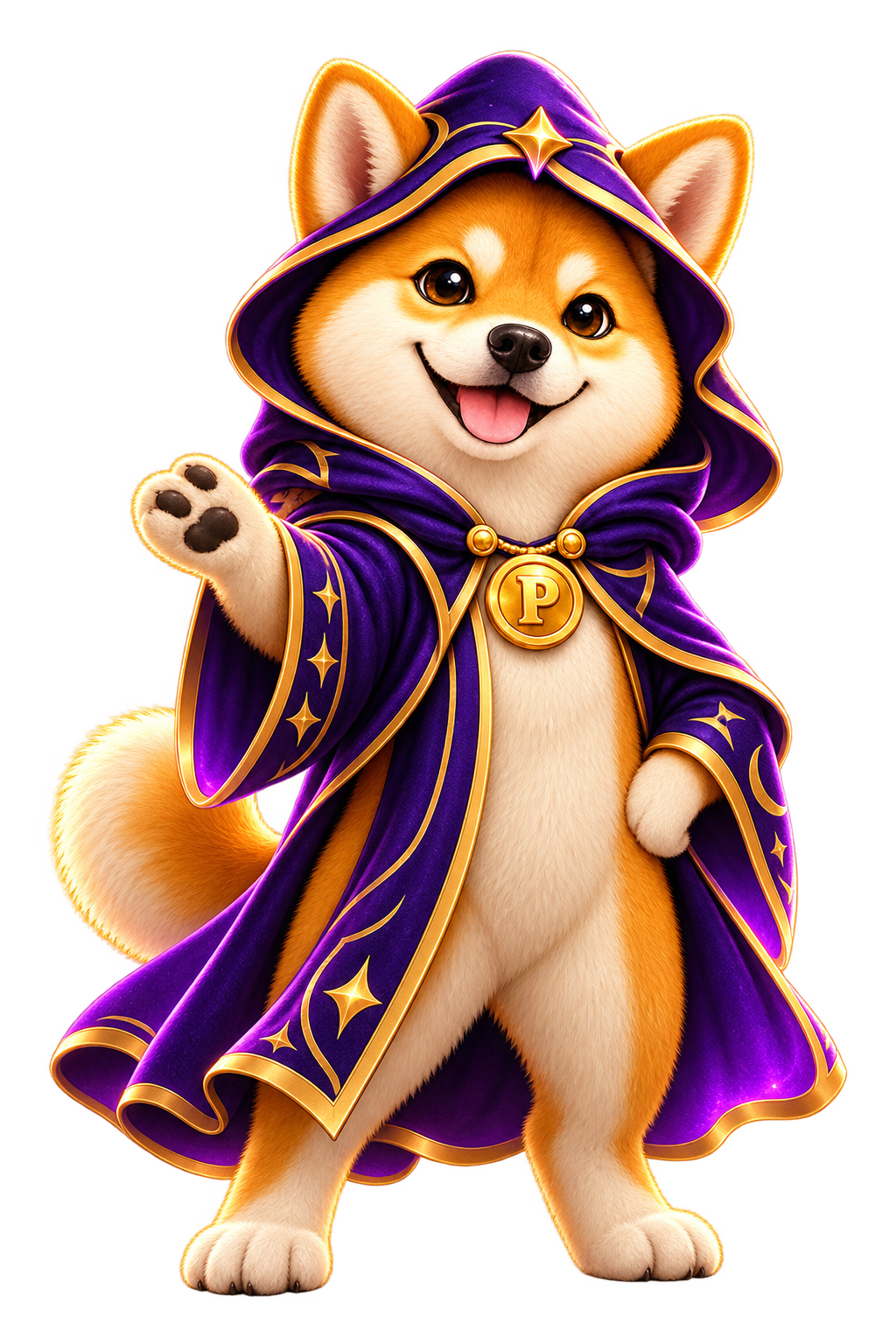 PredictInu Shiba mascot wearing a violet cloak and gold P medallion